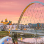 Downtown Des Moines city skyline cityscape of Iowa and public park in USA